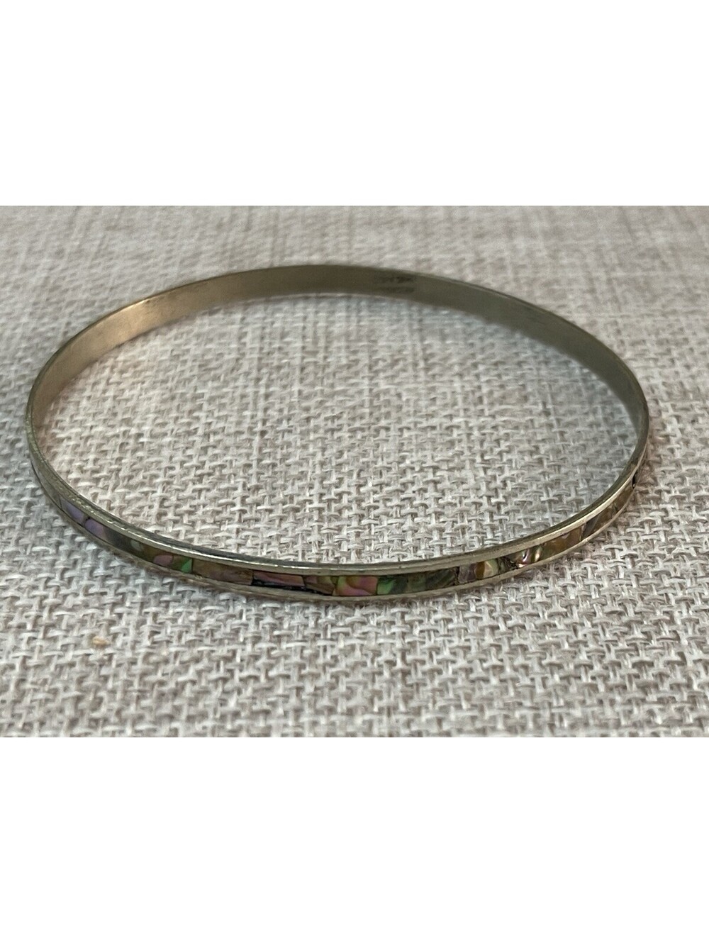 Vintage Mexico Inlay Abalone Shell Silver Tone Bangle Bracelet 8”